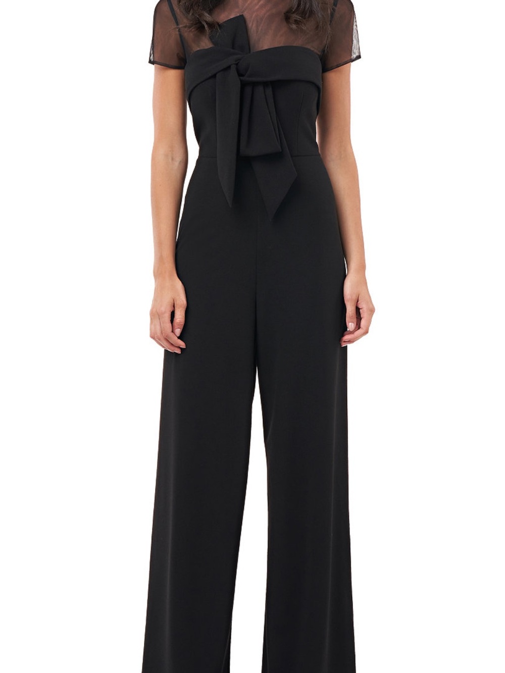 JS Collections Black Strapless Jumpsuit with Bow-Front and Sheer Sleeves
